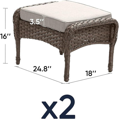 Outdoor Ottomans Patio Footrest Set of 2 - High Back Comfortable Brown Wicker Rattan Steel Frame Footstool Additional Bench Side Table for Porch Balcony Deck Garden Poolside - Beige