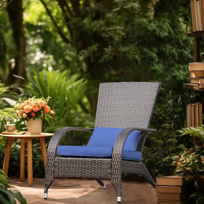 Outdoor Wicker Adirondack Chairs Set 2 Rattan Fire Pit Chairs Oversized Comfy Relax Accent Patio Chairs with Soft Cushion Low Deep Seating Tall Curved Backrest for Outside Backyard Deck Porch Navy