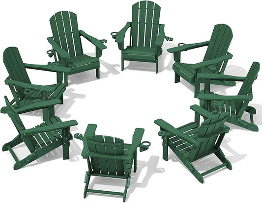 SERWALL Adirondack Chair with Cup Holders - Composite Adirondack Chairs Set of 8 HDPE Outdoor Chairs All Weather Use- Green