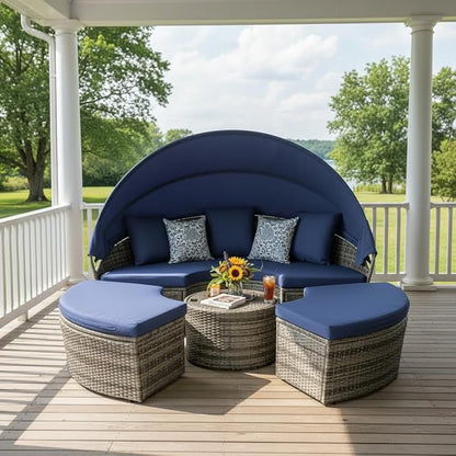 Tangkula Outdoor Round Daybed with Retractable Canopy, PE Wicker Sectional Seating Furniture with Cushions and Throw Pillows, Separates Cushioned Seats for Backyard, Poolside (Navy)