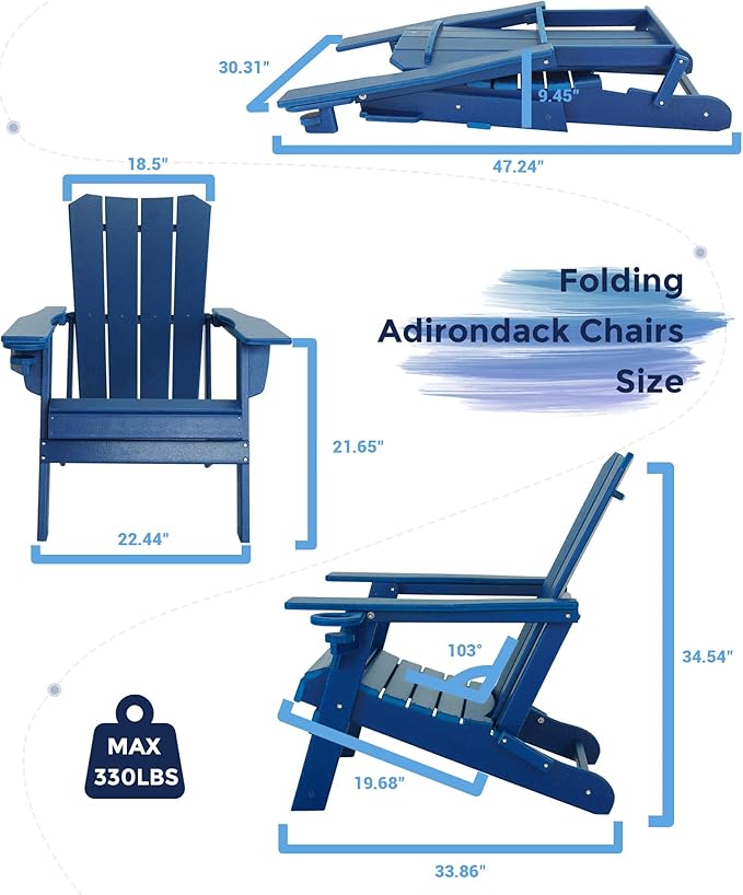 Adirondack Chair Oversized Folding Adirondack Chairs Recyclable HDPE Modern Adirondack Chair with Cup Holder Poly Lumber Patio Chairs for Pool Patio Garden Outdoors Fire Pit Blue