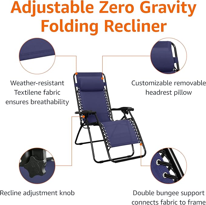 Amazon Basics Outdoor Patio Zero Gravity Lounge Chair with Pillow, Folding Reclining and Textilene Adjustable - Photo 5
