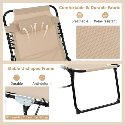Giantex Patio Lounge Chairs for Outside - Folding Tanning Chair w/Headrest, 4 Adjustable Positions, Side Pocket, Outdoor Chaise Lounge for Camping, Pool, Sunbathing Beach Chair, Beige