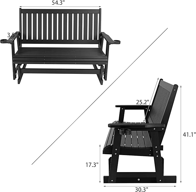 HIPS Patio Glider with Cup Holders, All-Weather Resistant, High Backrest and Deep Contoured Seat, Heavy Duty 900 LB (3 Seat - Carbon Black)