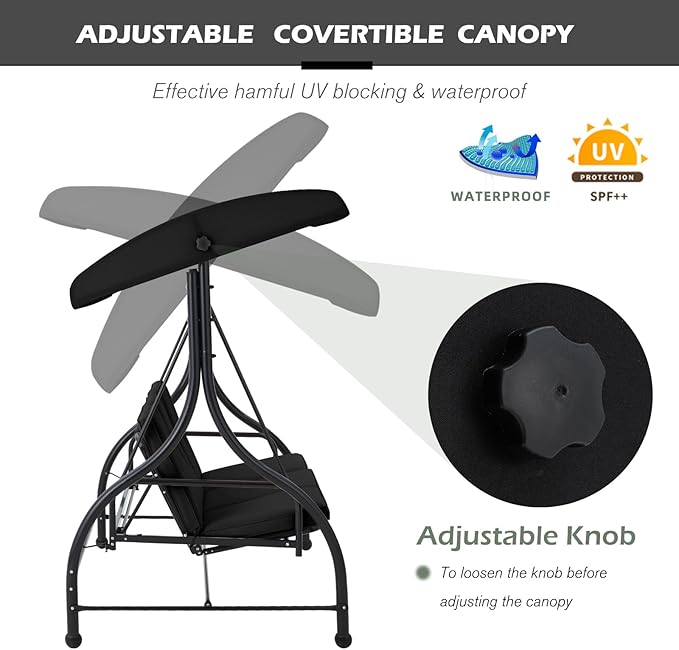 AECOJOY 3-Seat Outdoor Porch Swing with Adjustable Backrest and Canopy - Photo 3