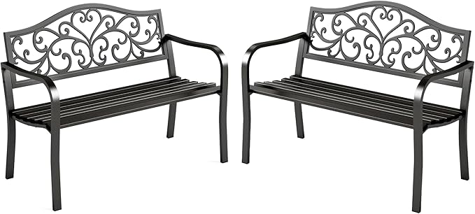 MFSTUDIO Outdoor Metal Bench Set of 2, Garden Patio 43.7 Inches Cast Iron Metal Frame Park Outside Benches with Floral Pattern Backrest for Front Porch, Black, Camelback