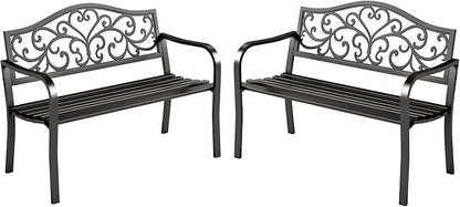 MFSTUDIO Outdoor Metal Bench Set of 2, Garden Patio 43.7 Inches Cast Iron Metal Frame Park Outside Benches with Floral Pattern Backrest for Front Porch, Black, Camelback