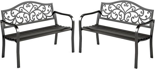 MFSTUDIO Outdoor Metal Bench Set of 2, Garden Patio 43.7 Inches Cast Iron Metal Frame Park Outside Benches with Floral Pattern Backrest for Front Porch, Black, Camelback