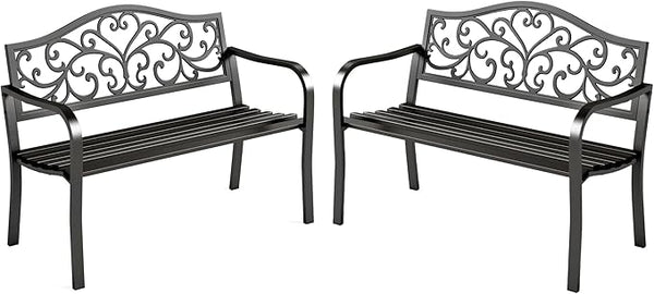 MFSTUDIO Outdoor Metal Bench Set of 2, Garden Patio 43.7 Inches Cast Iron Metal Frame Park Outside Benches with Floral Pattern Backrest for Front Porch, Black, Camelback