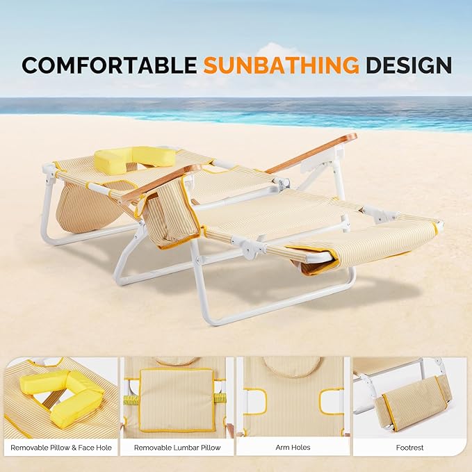 Bonnlo Deluxe 3-in-1 Beach Chair, Tanning Chair with Face Hole, Sunbathing Lounge Chair Outdoor, Adjustable Footrest - Photo 4