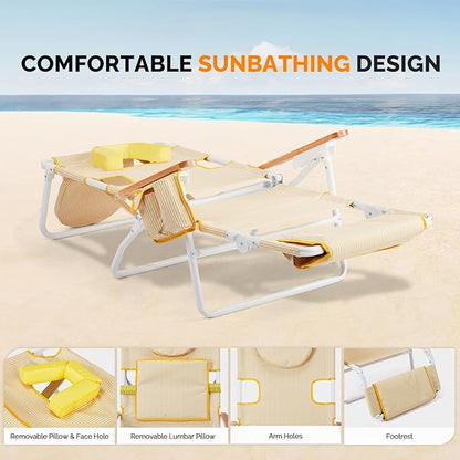 Bonnlo Deluxe 3-in-1 Beach Chair,Tanning Chair with Face Hole,Sunbathing Lounge Chair Outdoor,Adjustable Footrest,Cup Holder and Storage Pocket,Beach Lounge for Beach Pool Patio-Yellow