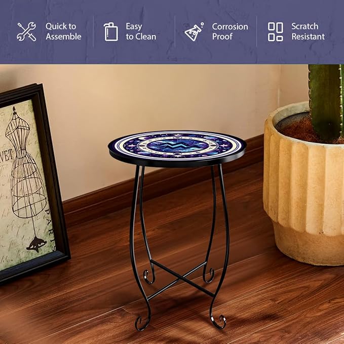 15 Inch Tall Patio Side Table, Small Patio Table for Outdoor Deck Porch Poolside, Ocean Wave Metal End Table, Rust Resistant Garden Stool Matches Mosaic Outdoor Side Table Decor