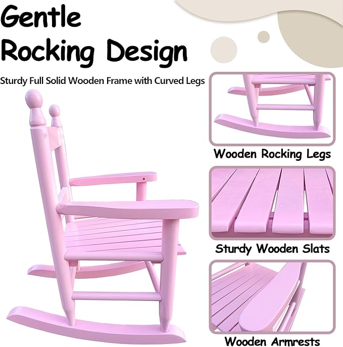 Toddler Rocking Chair for Kids Age 2-5, Hardwood Porch Rocker with Back Support & Armrest for Small Spaces Living Room Outdoor Garden, Easy Assembly (Light Pink)