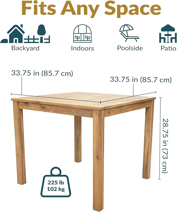 Sunnydaze 33.75" W Outdoor Dining Table for 4 - Rodanthe Acacia Wood Outdoor Table for Patio - Square - Natural Oil - Photo 3