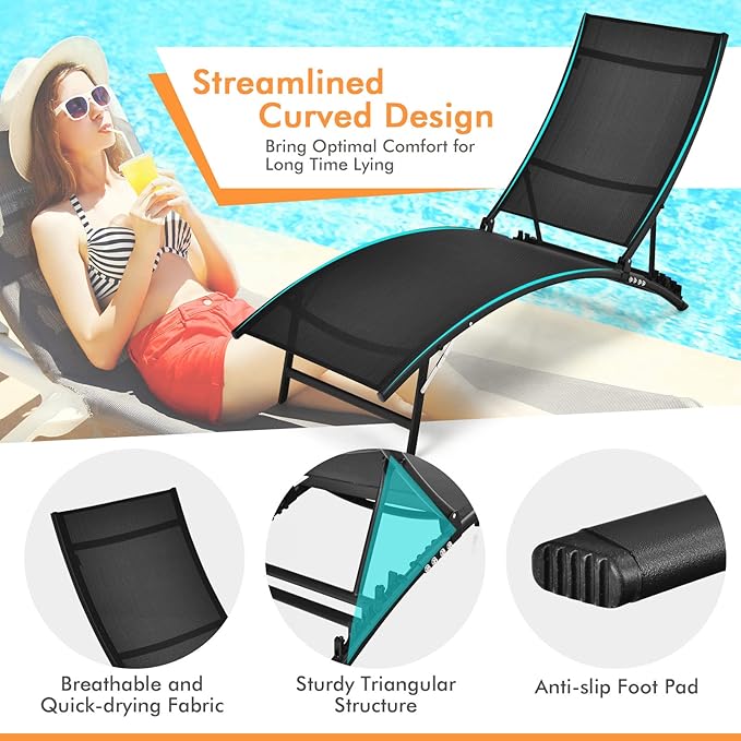 Giantex Outdoor Chaise Lounge Set of 2, Foldable Pool Lounge Chairs with 5-Position Adjustable Backrest, Quick-Drying Fabric, Patio Lounger for Backyard, Beach, Lawn, Sunbathing Recliner, Black