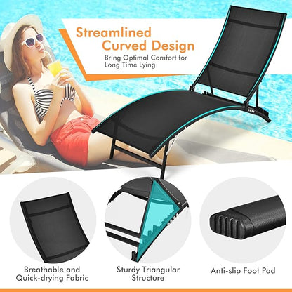 Giantex Outdoor Chaise Lounge Set of 2, Foldable Pool Lounge Chairs with 5-Position Adjustable Backrest, Quick-Drying Fabric, Patio Lounger for Backyard, Beach, Lawn, Sunbathing Recliner, Black