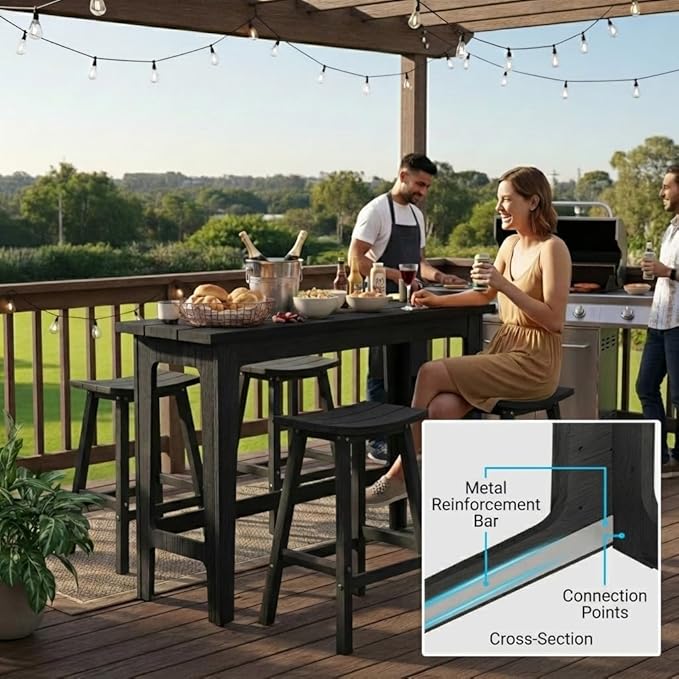 Ciokea 5 Pcs Outdoor Bar Height Table and Stools Set, 60" Extra Long Rectangle High Top Table and 4 Backless Bar Stools - Photo 6