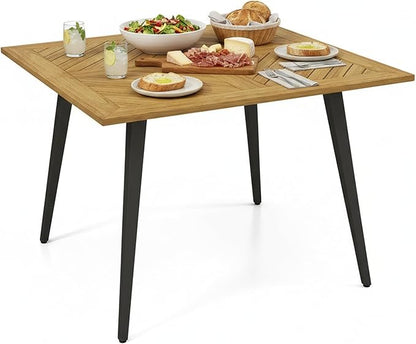 Tangkula 42.5" Acacia Wood Outdoor Dining Table for 4, Patio Table with 1.9" Umbrella Hole, Metal Legs & Adjustable Foot Pads, 4-Person Outside Table for Garden, Poolside & Backyard