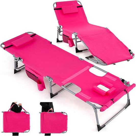 GYMAX Tanning Chair, 330LBS Beach Lounge with Face Arm Hole & Hand Shoulder Strap, Folding Layout Sunbathing Chair, Face Down Outdoor Chaise Lounger for Patio, Poolside, Lawn, Backyard (1, Pink)