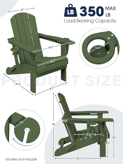 KINGYES Folding Adirondack Chair Set of 2, Dual Cup Holders & All-Weather HDPE, Wood-Like Patio Chair for Backyard, Camping, Pool & Fire Pit, Avocado Green