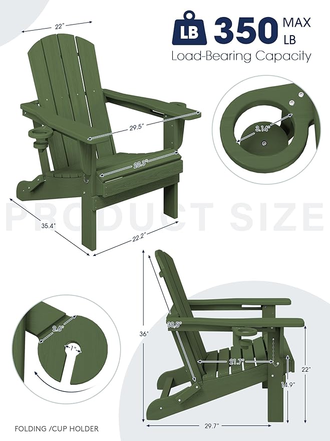 KINGYES Folding Adirondack Chair with Dual Cup Holders - HDPE All-Weather Outdoor Chairs - Photo 3
