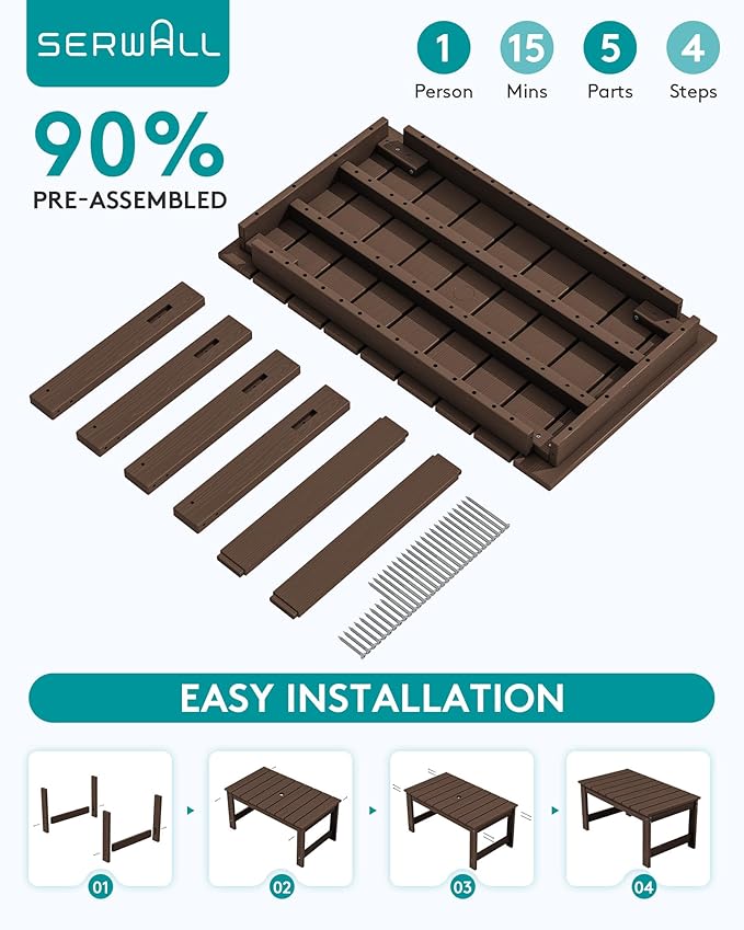 SERWALL Outdoor Coffee Table with 9FT Umbrella, HDPE Patio Coffee Table for Outside, Rectangle - Photo 5