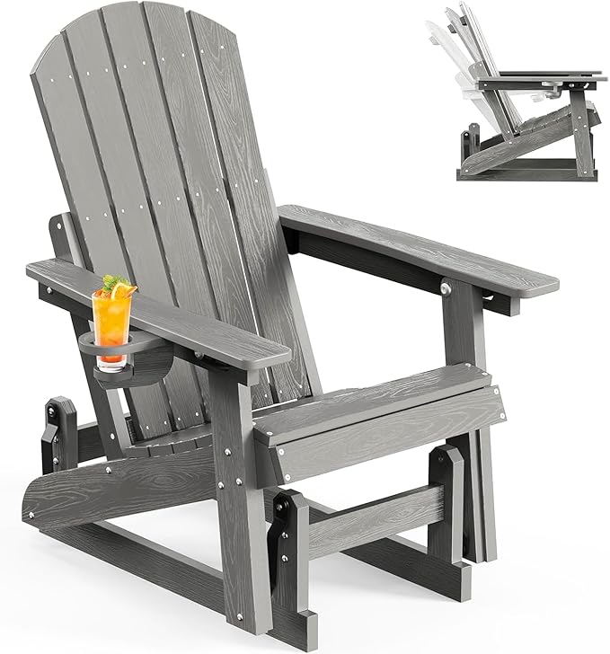 3-Position Adjustable Adirondack Chair with Cup Holder, HDPE All-Weather Outdoor Glider Chair, Wood-Grain Fire Pit Chairs for Pool, Yard, Deck (Grey)