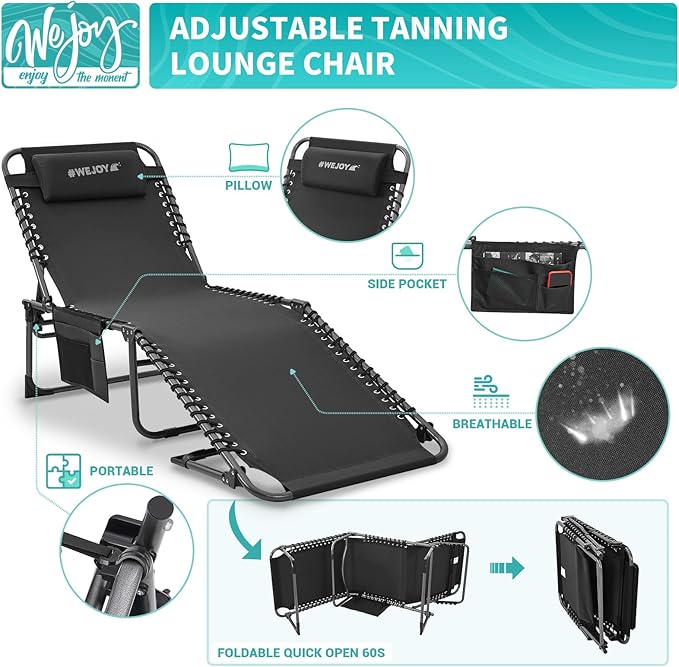 #WEJOY Folding Lounge Chair Outdoor, 5-Position Adjustable Sunbathing Tanning Chair with Shoulder Strap & Side Pocket - Photo 4