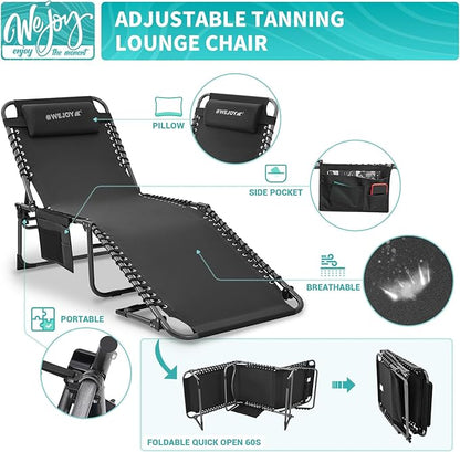 #WEJOY Folding Lounge Chair Outdoor, 5-Position Adjustable Sunbathing Tanning Chair with Shoulder Strap & Side Pocket, Heavy Duty Reclining Chair for Patio Pool Camping, Portable Folding Bed Cot,Black