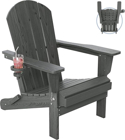Outdoor Folding Adirondack Chair Set of 1 for Patio Fire Pit, Wooden Textured HDPE Adjustable Chairs with Cup Holder, Waterproof All Weather Resistant Plastic for Pool Lawn Garden Backyard(Grey)