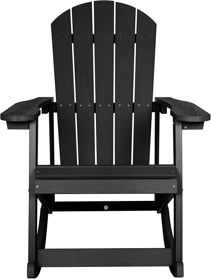 EMMA + OLIVER Marcy All Weather Rocking Chair - Set of 2 - Black Poly Resin - Classic Adirondack Design - UV Resistant Coating - Stainless Steel Hardware
