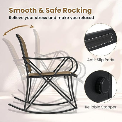 Tangkula 3 Piece Patio Rocking Set, 2 Rocking Chairs with Tempered Glass Side Table, Small Patio Furniture Set with Smooth Rocking Motion, Outdoor Rocker Chairs Bistro Set for Porch, Balcony (Brown)