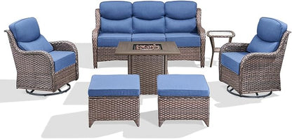 Luxury Patio Furniture Set with 6-inch Thick Cushion, Outdoor Furniture with Fire Pit Table, Swivel Chairs, Sofa, Side Table, Ottomans, 7pcs Wicker Conversation Set for Deck Yard and Poolside(Blue)