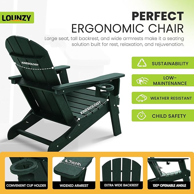 LOUNZY Folding Adirondack Chair Set of 2, Green - Photo 5