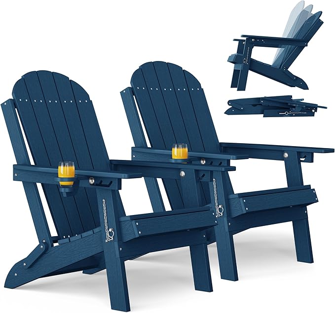 YEFU Adirondack Chairs Set of 2 for Outdoor: Folding Plastic Fire Pit Chair with Cup Holders & Adjustable Backrest - Sturdy All-Weather HDPE for Patio Lawn - Easy Assembly(Navy Blue)