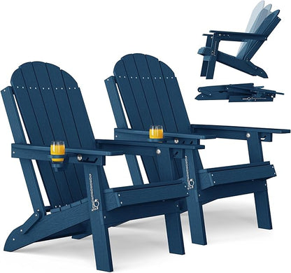 YEFU Adirondack Chairs Set of 2 for Outdoor: Folding Plastic Fire Pit Chair with Cup Holders & Adjustable Backrest - Sturdy All-Weather HDPE for Patio Lawn - Easy Assembly(Navy Blue)