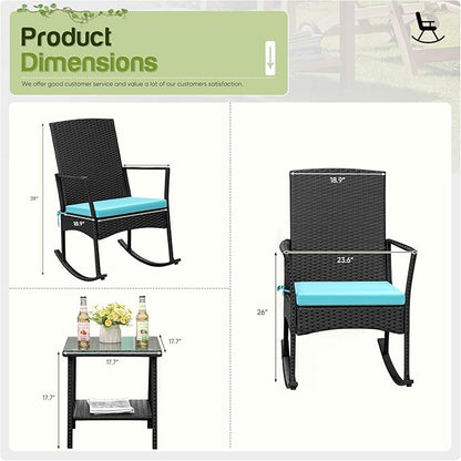 Flamaker Rocking Chair Outdoor PE Rattan Patio Chairs with Glass Table High Back Porch Rocker for Balcony, Garden, Backyard (Blue)