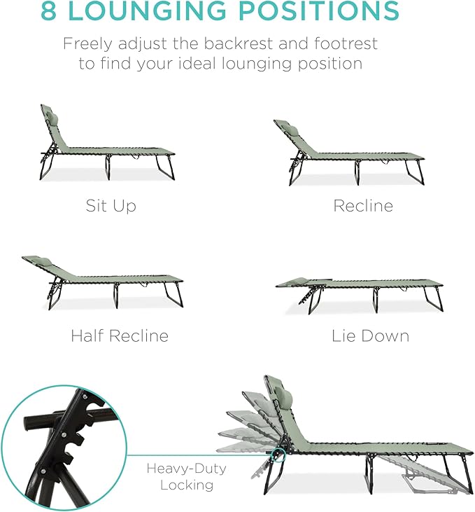 Best Choice Products Patio Chaise Lounge Chair, Portable Outdoor Folding Recliner for Lawn, w/ 8 Positions, Handles - Photo 4