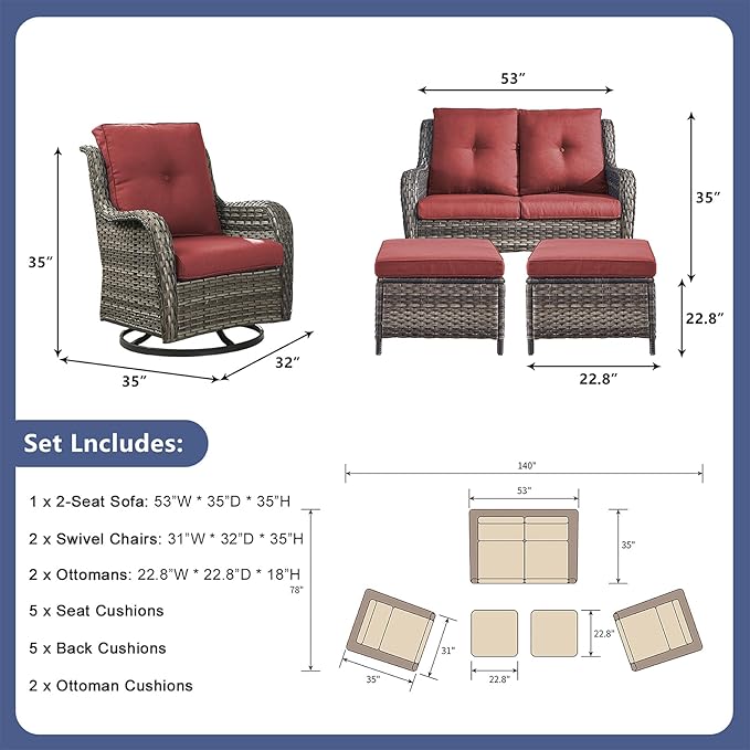 Rilyson Wicker Patio Furniture Set - 5 Piece Rattan Outdoor Sectional Conversation Sets with 2 Rocking Swivel Chairs - Photo 2