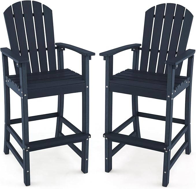 Giantex Set of 2 HDPE Outdoor Bar Stools, All Weather Tall Adirondack Chair with Armrest, Footrest, Load 360Lbs, 30-Inch Counter Height Bar Stool for Patio, Garden, Yard, Indoor Or Outdoor Use (Navy)