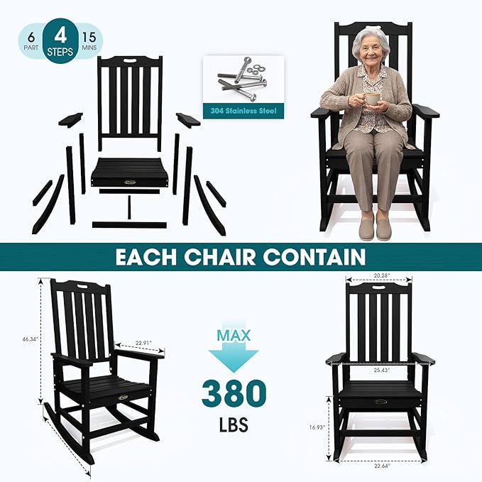 Oversized Rocking Chair Set of 2, Outdoor Rocking Chair for Adults, All Weather Resistant Porch Rocker for Lawn Garden, Black
