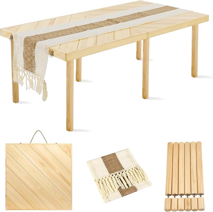 Folding Picnic Table with Table Runner, Portable Boho Low Picnic Table for Indoor Outdoor - Photo 1