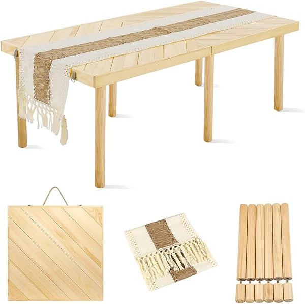 Folding Picnic Table with Table Runner, Portable Boho Low Picnic Table for Indoor Outdoor - Photo 1