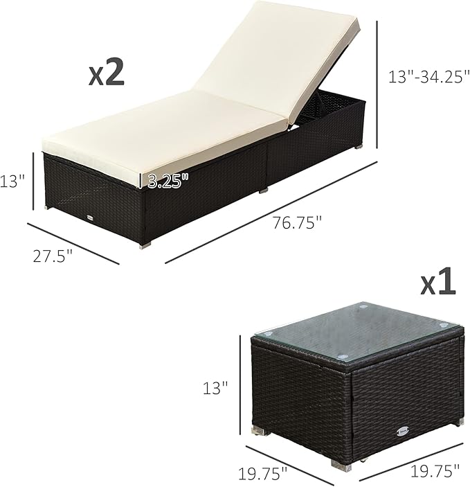 Outsunny Chaise Lounge Chair Set of 2 with 5 Angle Backrest, Outdoor Coffee Table, Water Repellent Cushions, PE Rattan Wicker Poolside Chairs, 3-Piece Pool Furniture Set, Dark Brown/Cream White