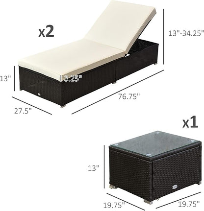 Outsunny Chaise Lounge Chair Set of 2 with 5 Angle Backrest, Outdoor Coffee Table, Water Repellent Cushions, PE Rattan Wicker Poolside Chairs, 3-Piece Pool Furniture Set, Dark Brown/Cream White