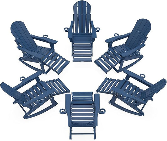 Adirondack Rocking Chairs Set of 6 with Retractable Ottoman, All Weather Folding Adirondack Chair with Two Cup Holders, Adirondack Outdoor Rocking Chairs for Porch, Patio, Balcony. Navy Blue