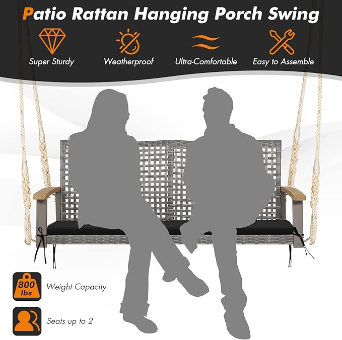 RELAX4LIFE 2-Seater Outdoor Porch Swing - Patio PE Rattan Hanging Swing Bench with Seat Cushion and Strong Hanging Ropes - Photo 7