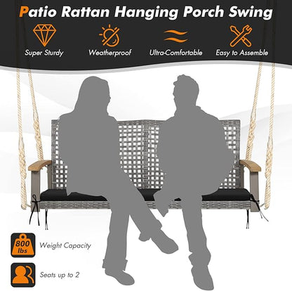 RELAX4LIFE 2-Seater Outdoor Porch Swing - Patio PE Rattan Hanging Swing Bench with Seat Cushion and Strong Hanging Ropes, Wicker Swing Loveseat Bench for Porch, Backyard, Garden, 800 lbs (Black)