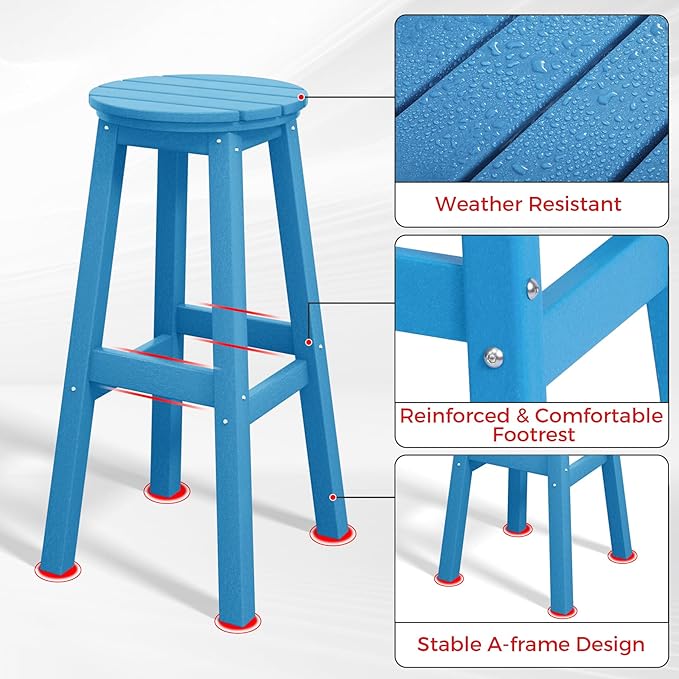 Costaelm 29" Height Outdoor Bar Stools, All-Weather Bar Stools, Adirondack Poly Patio Round Bar Stool for Patio, Deck, Kitchen Counter and Garden, Pacific Blue