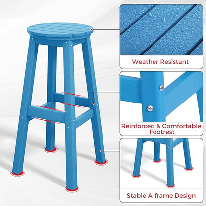 Costaelm 29" Height Outdoor Bar Stools, All-Weather Bar Stools, Adirondack Poly Patio Round Bar Stool for Patio, Deck, Kitchen Counter and Garden, Pacific Blue